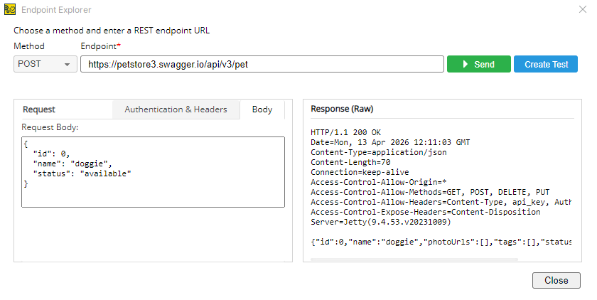 Send POST request and view response in Endpoint Explorer ReadyAPI Endpoint Explorer showing a POST request to the Petstore v3 /pet endpoint with a JSON request body and a successful 200 OK response