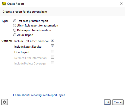 Create Report dialog Create Report dialog