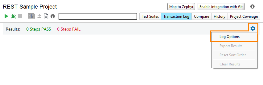 The test case log toolbar The test case log toolbar