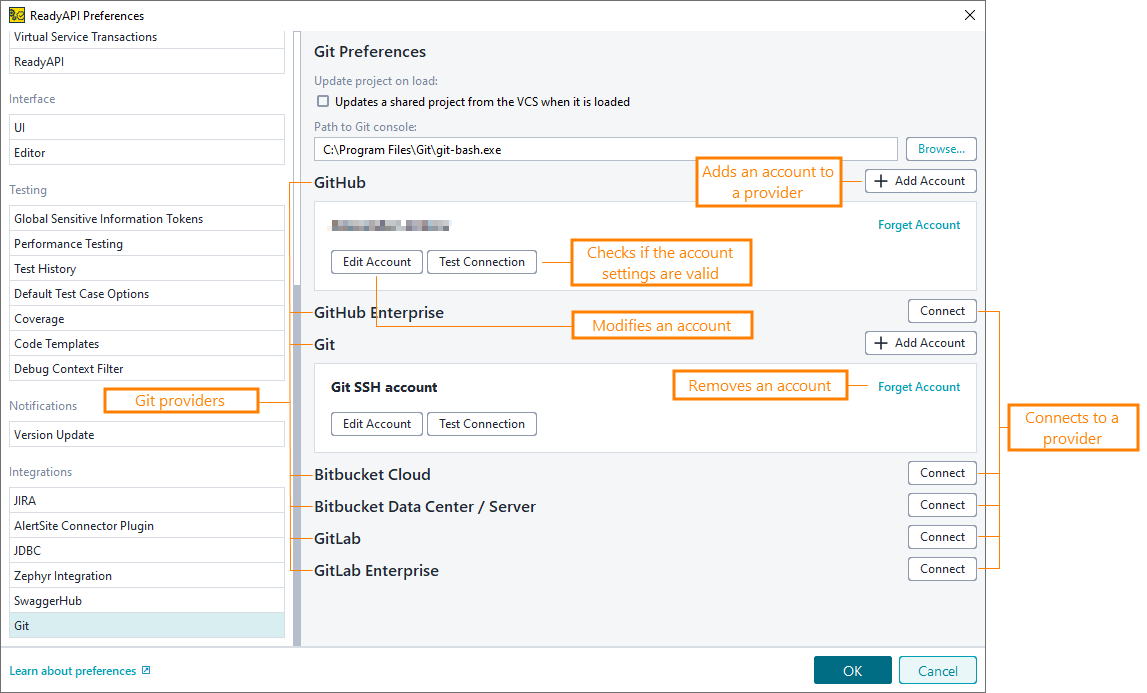 Git integration preferences: Git accounts manager