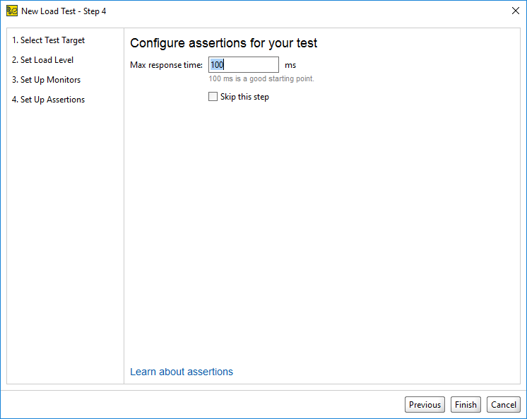 API load testing with ReadyAPI: Creating a load test from Template: Set Up Assertions