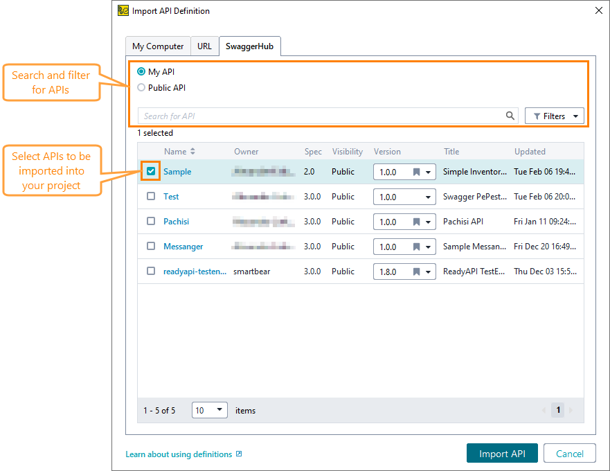 Create project from SwaggerHub: Select definitions