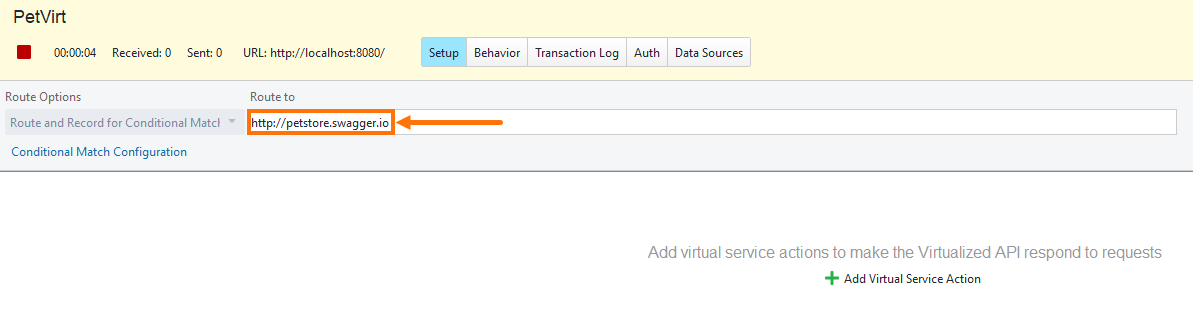 Route To field populated with the target API endpoint in the service editor