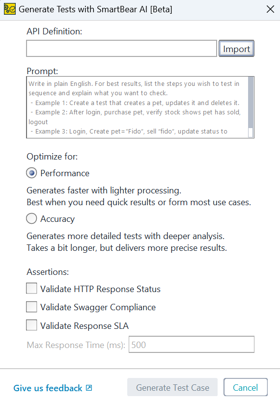 Generate Tests with SmartBear AI dialog Generate Tests with SmartBear AI dialog showing fields for API Definition, Prompt, optimization options, and assertion settings.