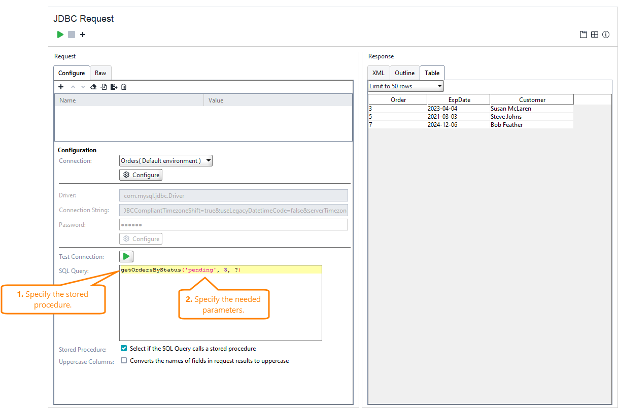 Example of using stored procedure in the JDBC Request test step Example of using stored procedure in the JDBC Request test step