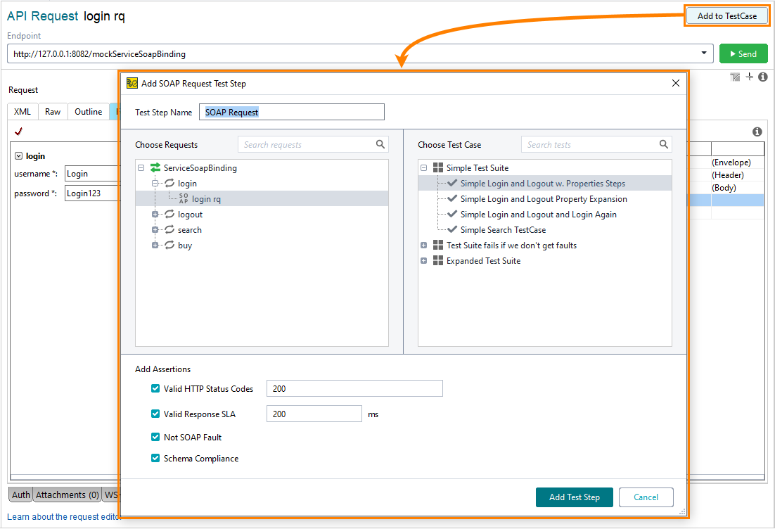 Testing SOAP services in ReadyAPI: Add SOAP request to a test case