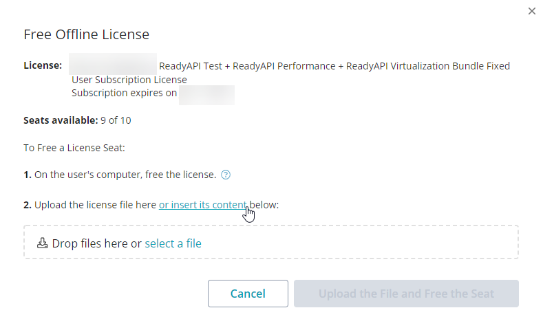 Screenshot of the SmartBear Licensing Portal showing the Free Offline License dialog with the option to insert license content or upload a license file to release a seat.