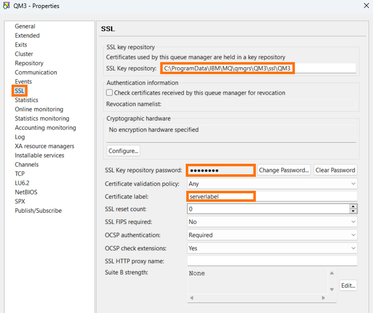 Dialog box in IBM MQ Explorer showing fields for SSL Key repository path, password, and certificate label