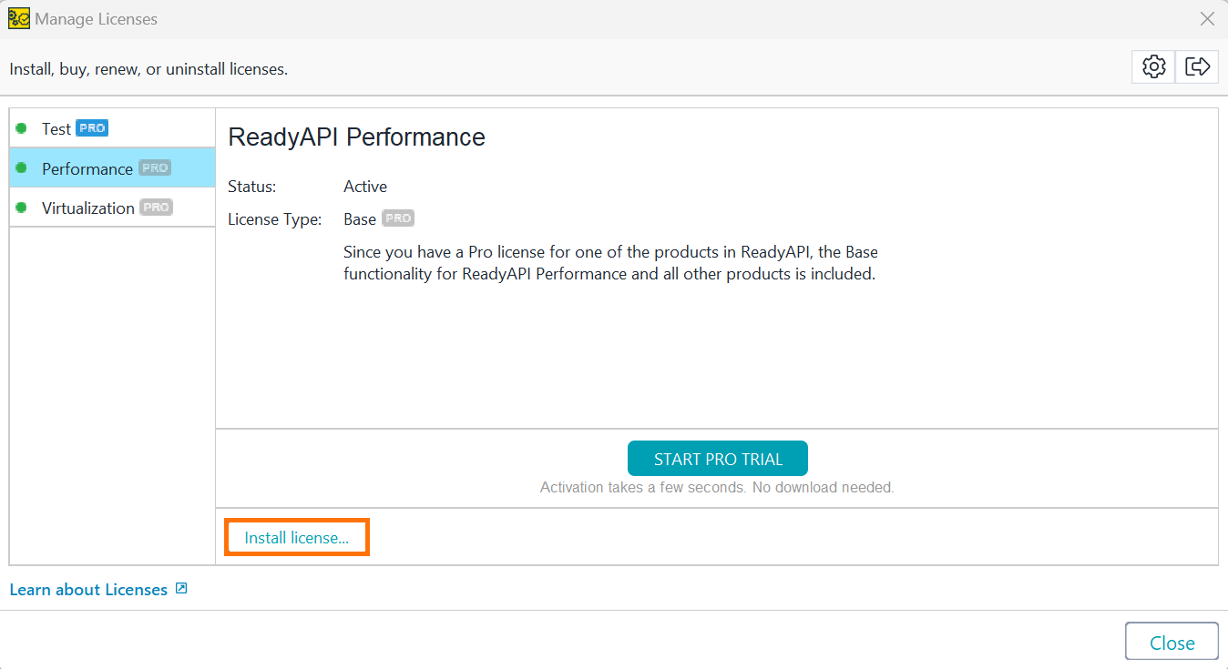 Screenshot of ReadyAPI showing the Install License option in the License Manager.