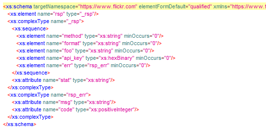 Updated XML Schema Extended with Error Type After Invalid Request Updated XML schema definition for the Flickr API response showing the _rsp complex type with method, format, foo, api_key, and err elements all set to minOccurs"0". A new rsp_err complex type is defined with msg as xs:string and code as xs:positiveInteger