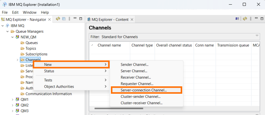 Context menu to create a new Server-connection Channel in IBM MQ Explorer