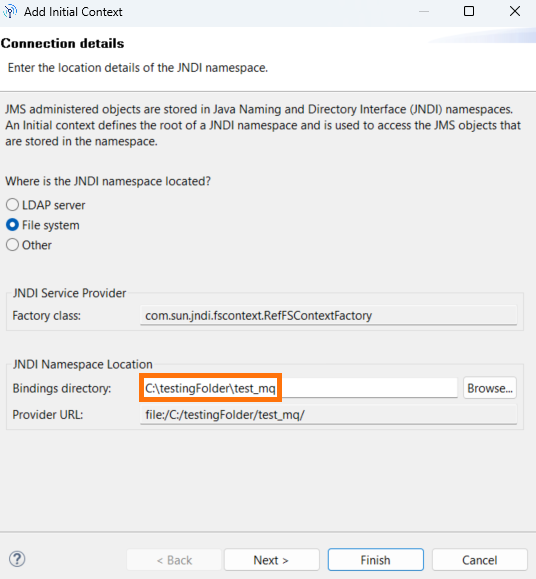 Dialog box in IBM MQ Explorer showing Binding directory field with path