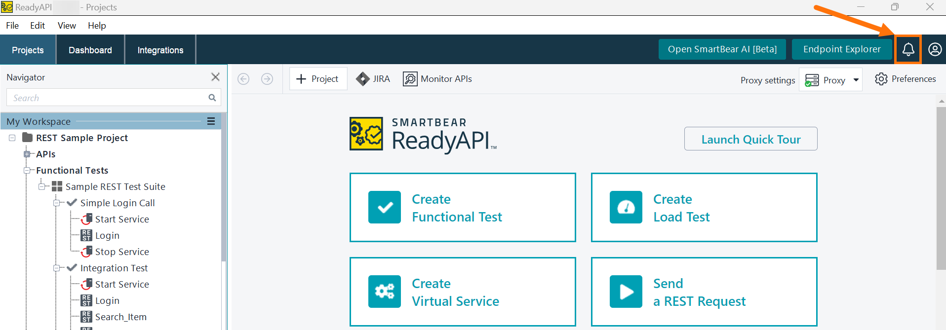 ReadyAPI main window highlighting the Notifications icon in the top navigation bar, next to Endpoint Explorer and user profile options.