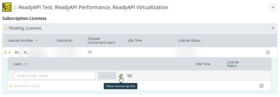Screenshot of SmartBear License Management showing a floating subscription license for ReadyAPI Test, Performance, and Virtualization. The license number, expiration date, allowed concurrent users, and status “Not in use” are displayed. Under “Users,” the cursor hovers over the “Share License by Link” icon, with a tooltip visible. This highlights the option to share the license with others through a generated link.