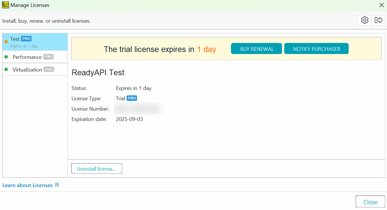 Screenshot of ReadyAPI showing a trial license that expires in 1 day.