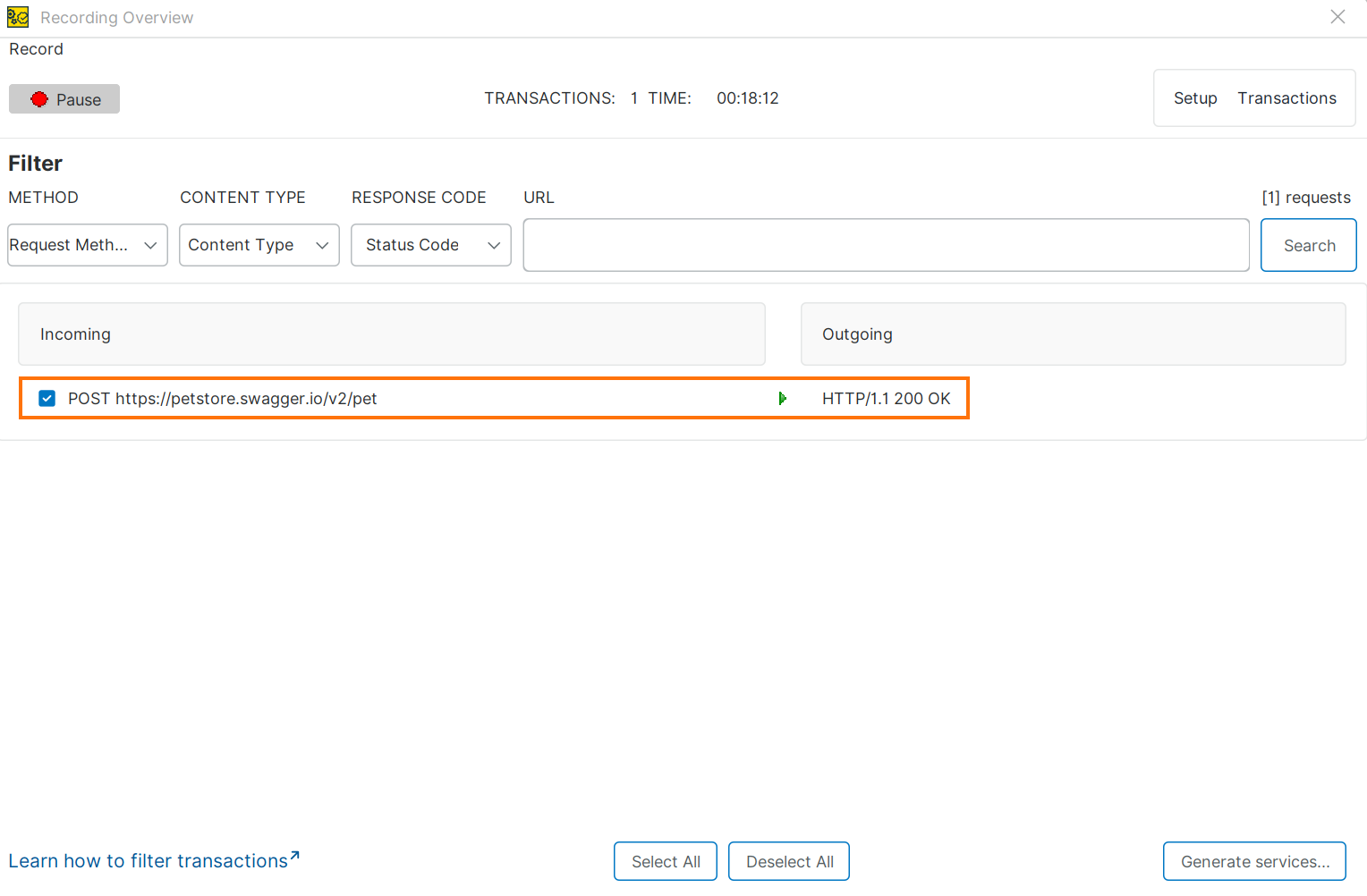 Recording Overview Transactions tab showing one recorded transaction: a POST request to https://petstore.swagger.io/v2/pet with an HTTP/1.1 200 OK response, highlighted and checked.
