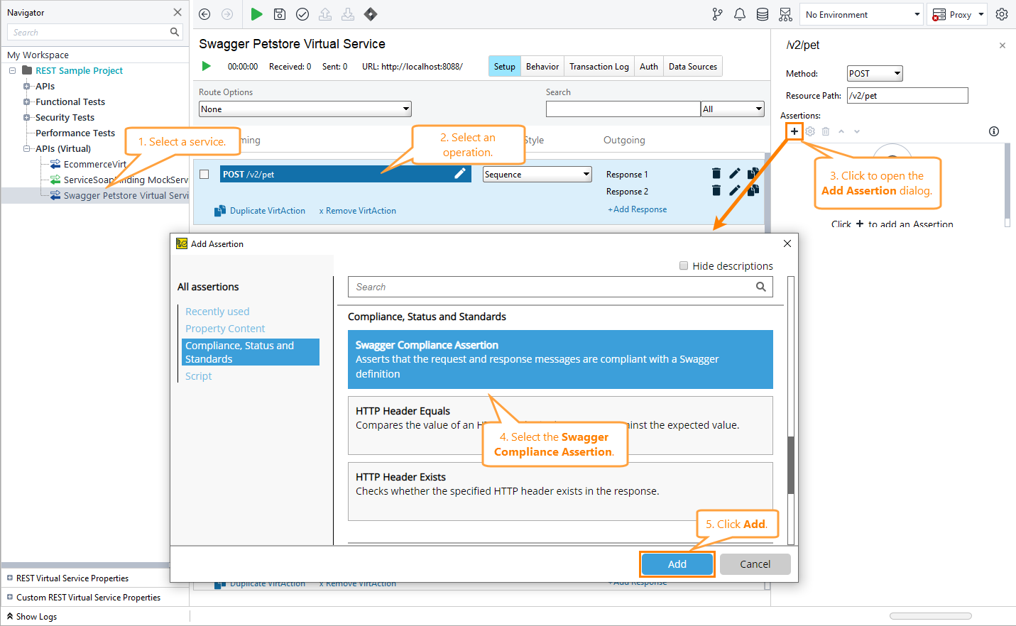 Virtual service operation: The Assertions panel
