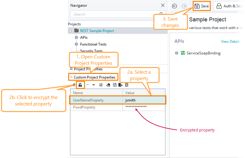 API testing with ReadyAPI: Encrypt project properties