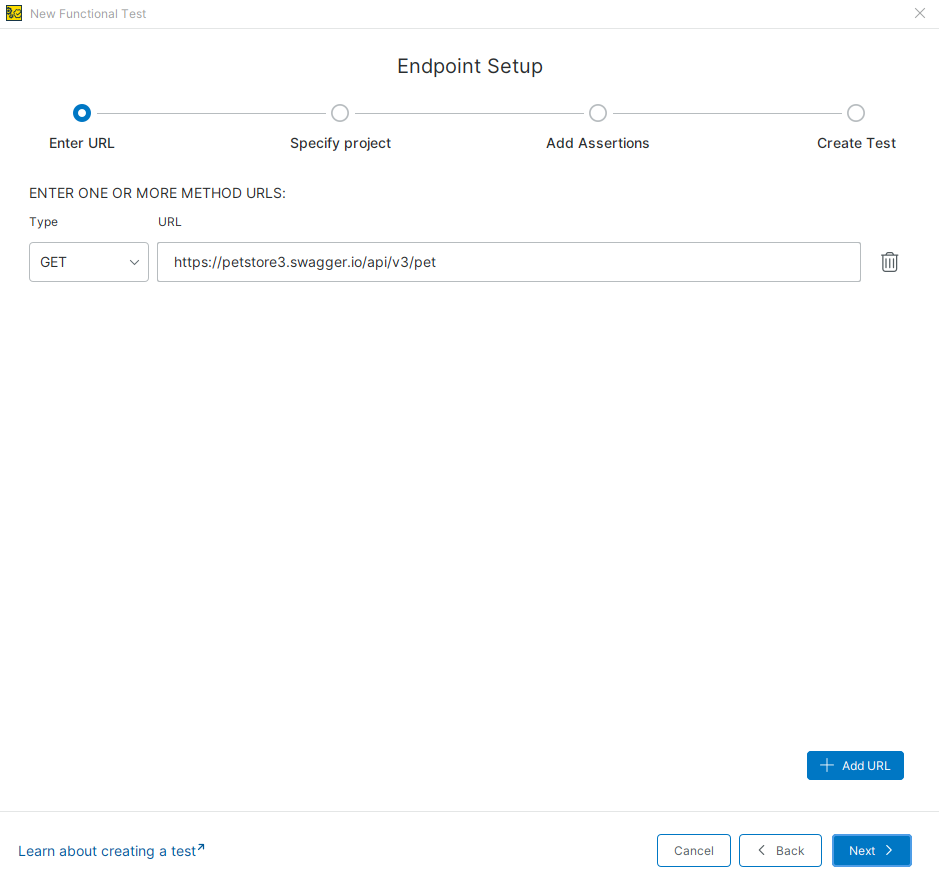 Endpoint Setup: Enter URL Enter the request method and API URL when creating a functional test from an endpoint in ReadyAPI.