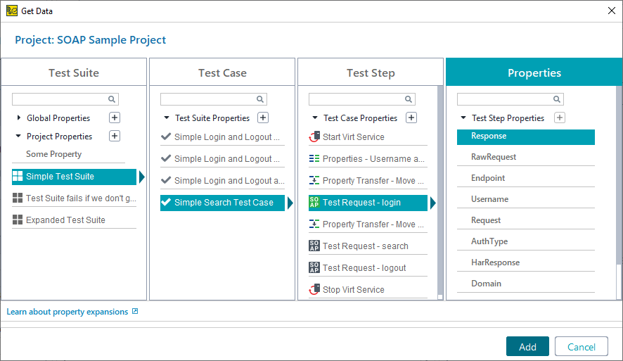 Testing web services with ReadyAPI: Get Data dialog