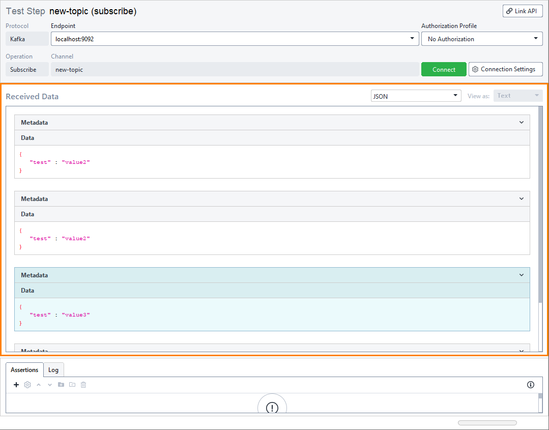 API Connection test step: Received Data window