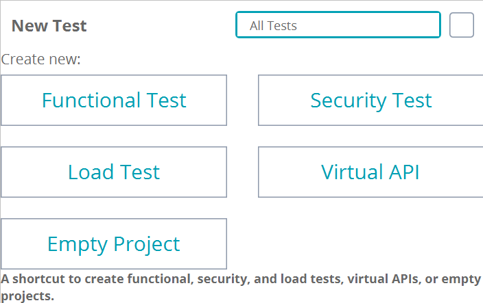 ReadyAPI Dashboard tile for creating new tests, virtual APIs, and projects.