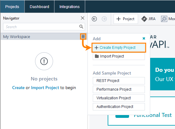 Creating a project from a flyout menu