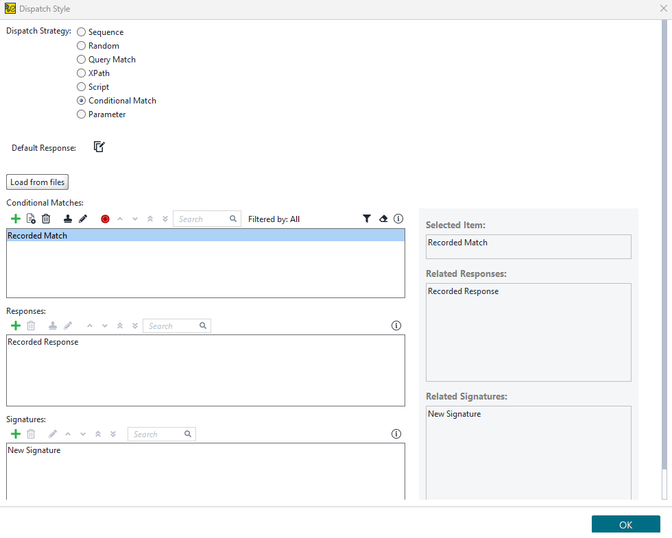 Service editor displaying the created Signature, Conditional Match rule, and recorded Response for a new virtual operation