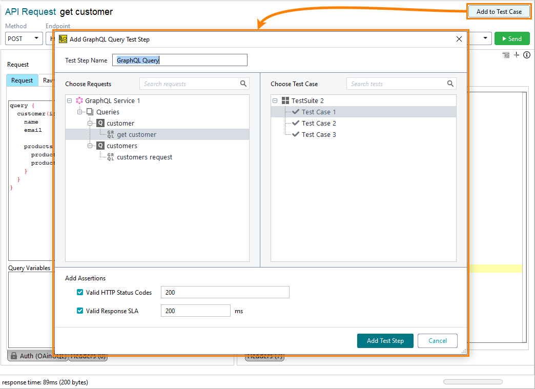 GraphQL support in ReadyAPI: Add GraphQL request to a test case