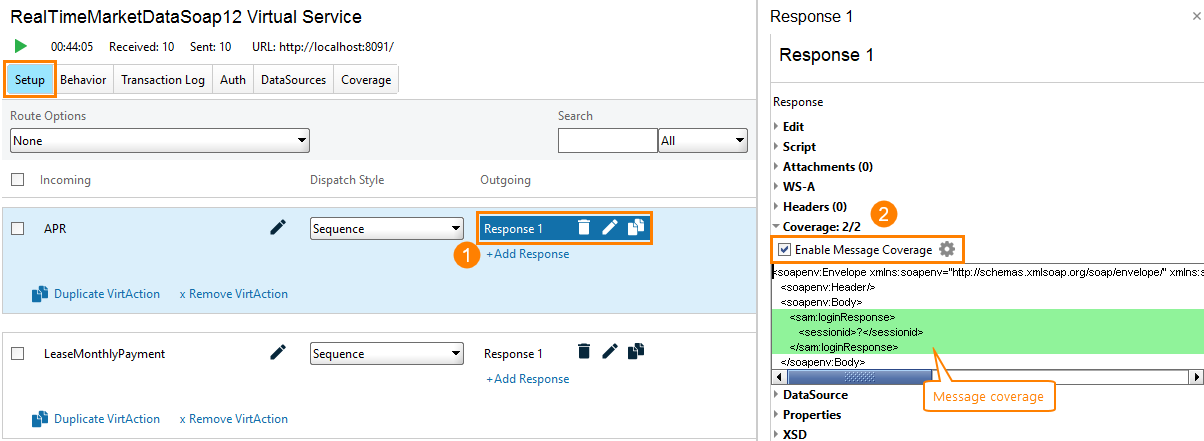 Coverage testing of virtual APIs: Message coverage on the Setup page