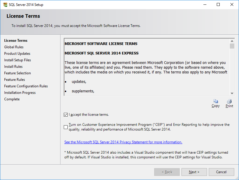 MS SQL Express: License agreement dialog
