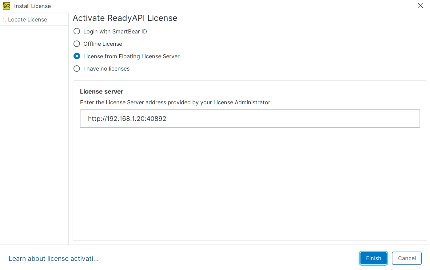 ReadyAPI license activation dialog showing option to connect to a floating license server with server address field