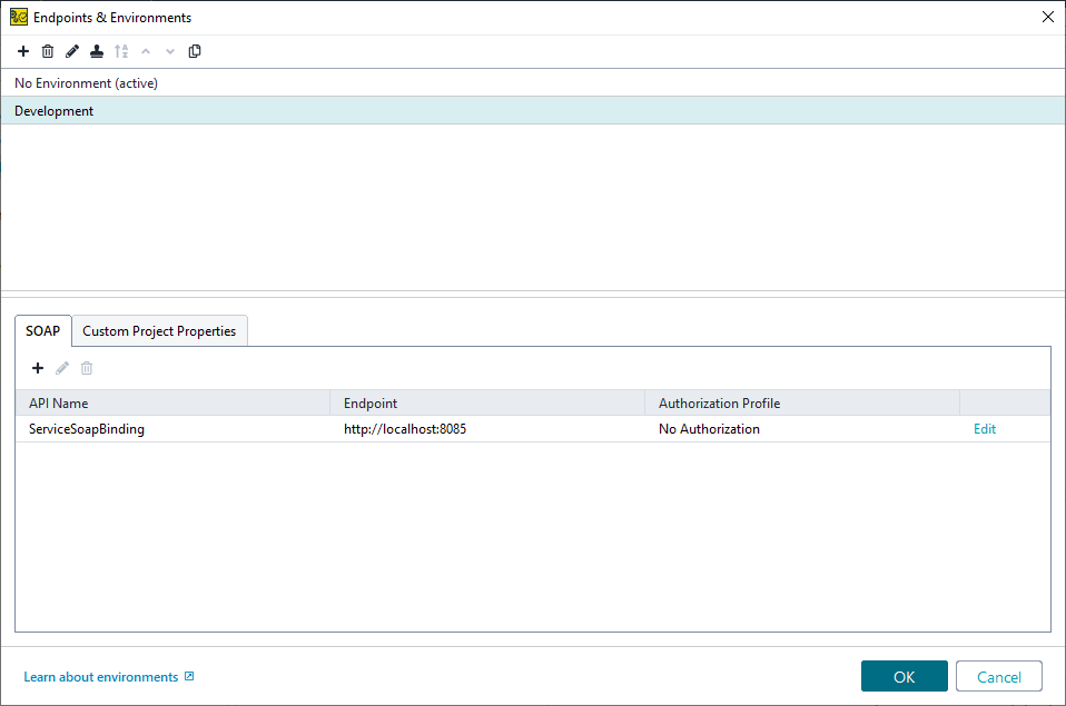ReadyAPI: The SOAP tab of the Environments editor