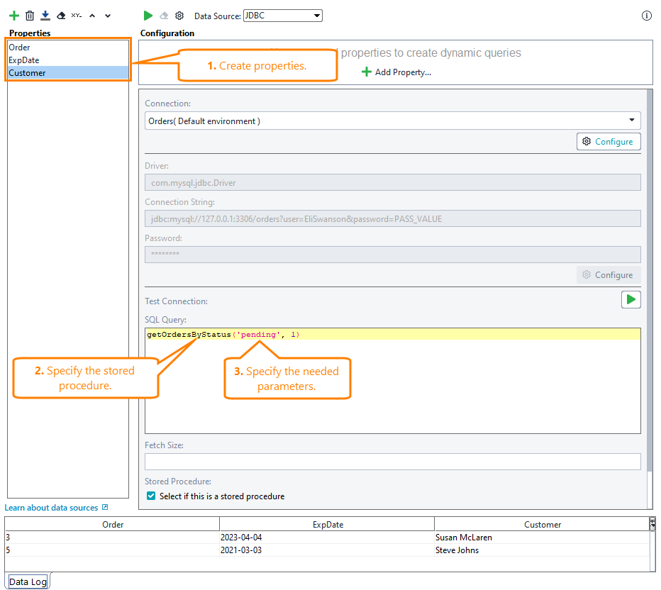 Example of using stored procedure in the JDBC data source