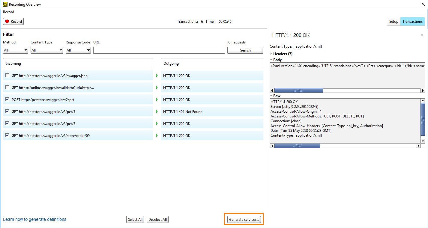 Clicking Generate Services in the Recording Overview dialog