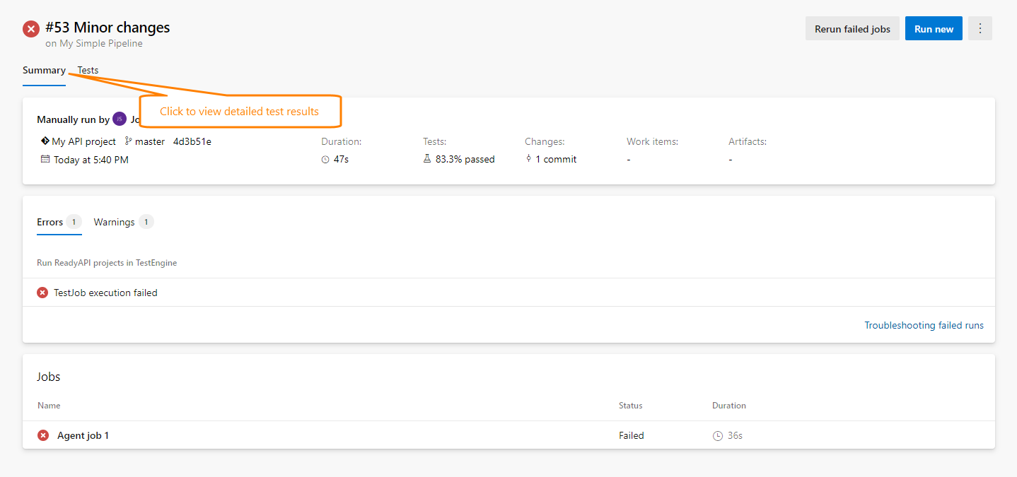 Test results in the Build Summary Test results in the Build Summary