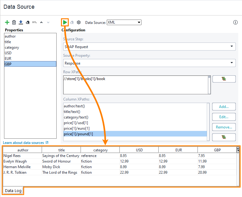 Configuring XML data source: Run data source Configuring XML data source: Run data source