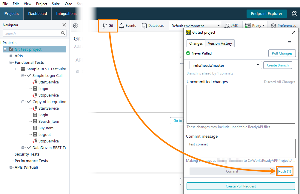 Git integration in ReadyAPI: Push changes in Git panel