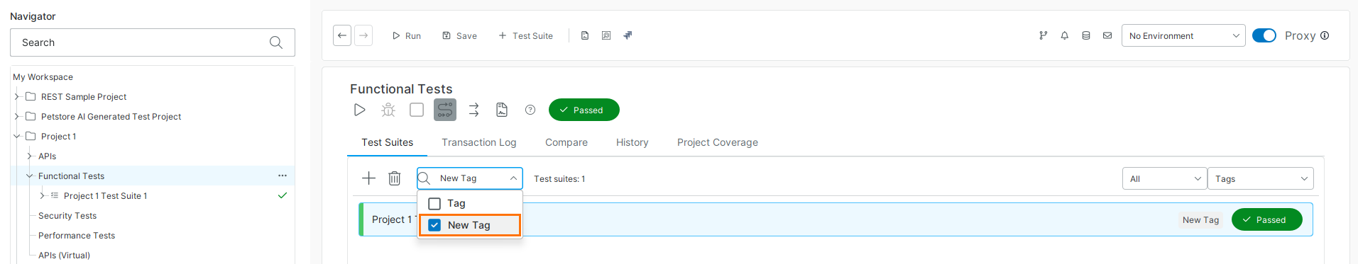 Test Suite Editor showing the Assign Tags dropdown with the option to create or select a tag.