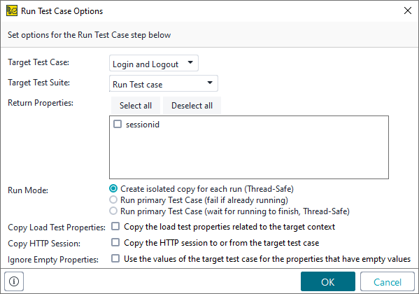 Run Test Case Options dialog
