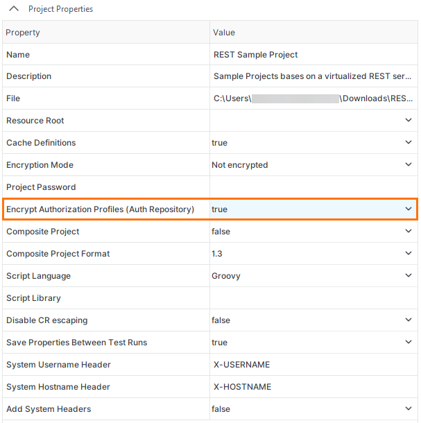Project Properties panel in ReadyAPI showing the Encrypt Authorization Profiles (Auth Repository) setting highlighted, with its value set to true.