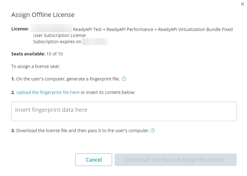 Screenshot of the SmartBear Licensing Portal showing the Assign Offline License dialog with an empty field to insert fingerprint data.