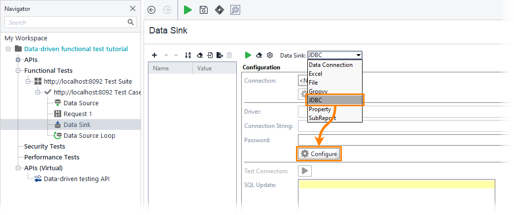 ReadyAPI: Configuring the data sink test step ReadyAPI: Configuring the data sink test step