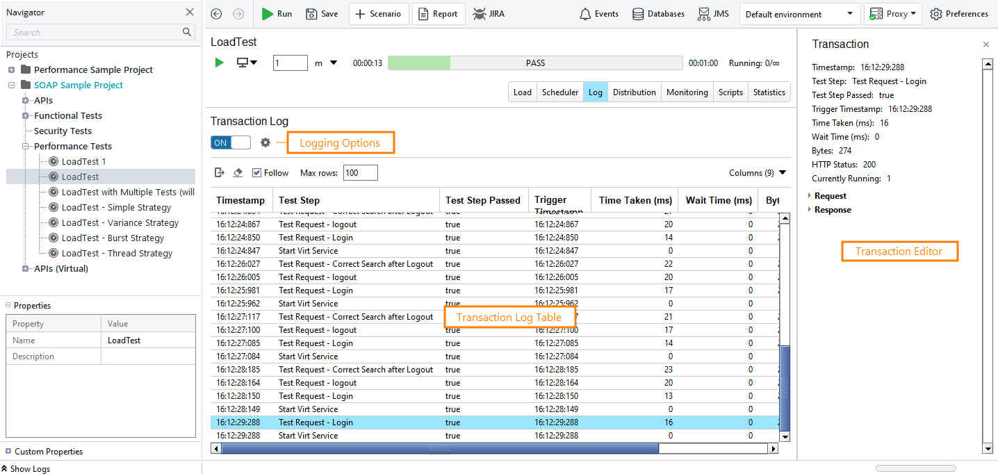 API load testing with ReadyAPI: The Transaction Log Page