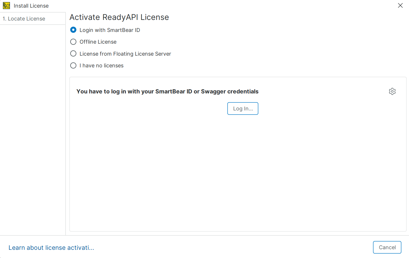 ReadyAPI license activation screen showing login option with SmartBear ID and Log In button.