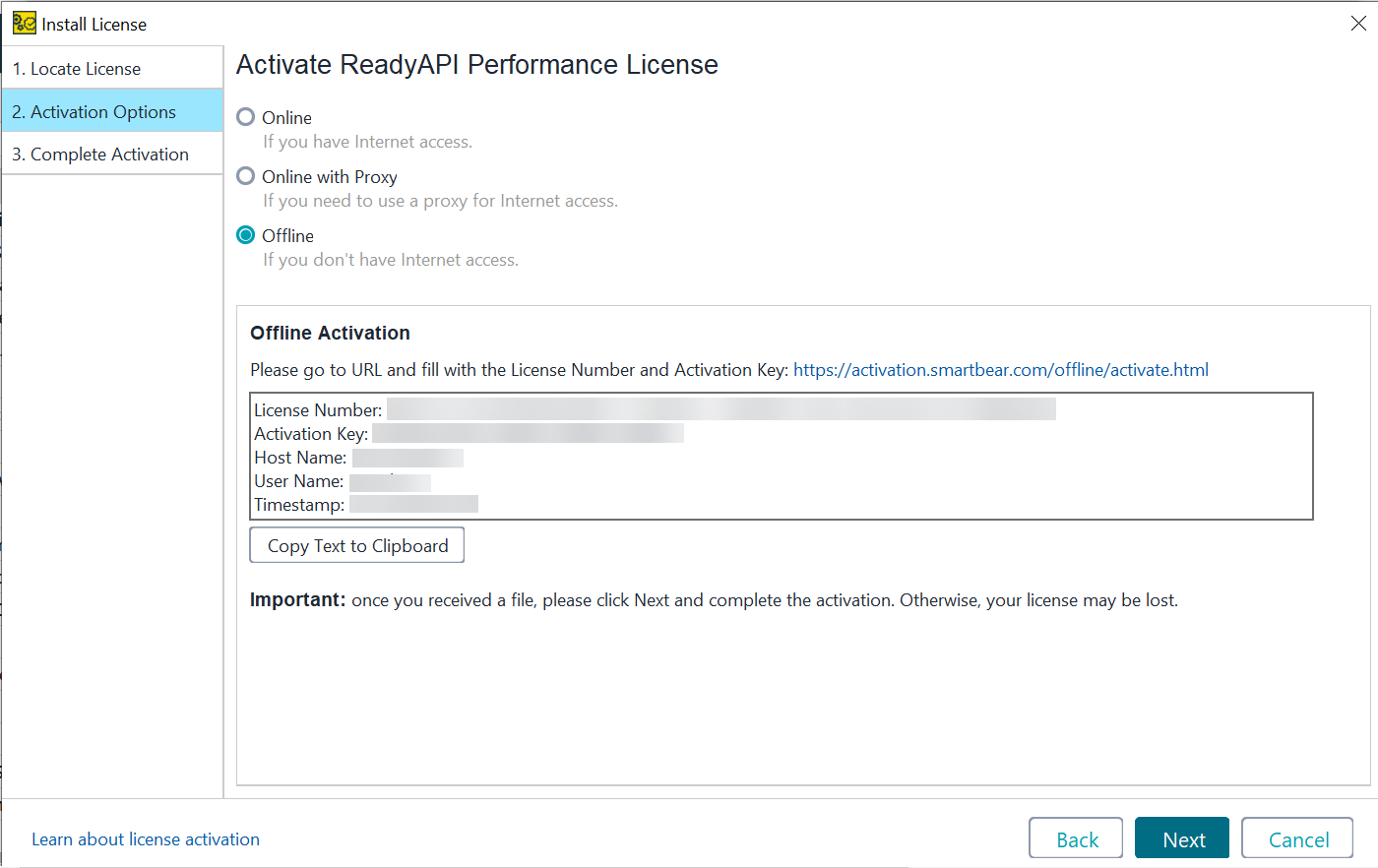 Offline activation message