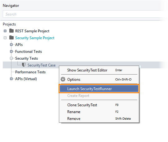 Launching the security test runner from the context menu