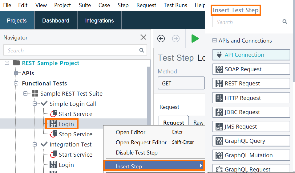 Insert Test Step in the Middle of a Test Case – Right-Click Menu Screenshot of ReadyAPI showing how to insert a test step in the middle of a test case using the right-click context menu.