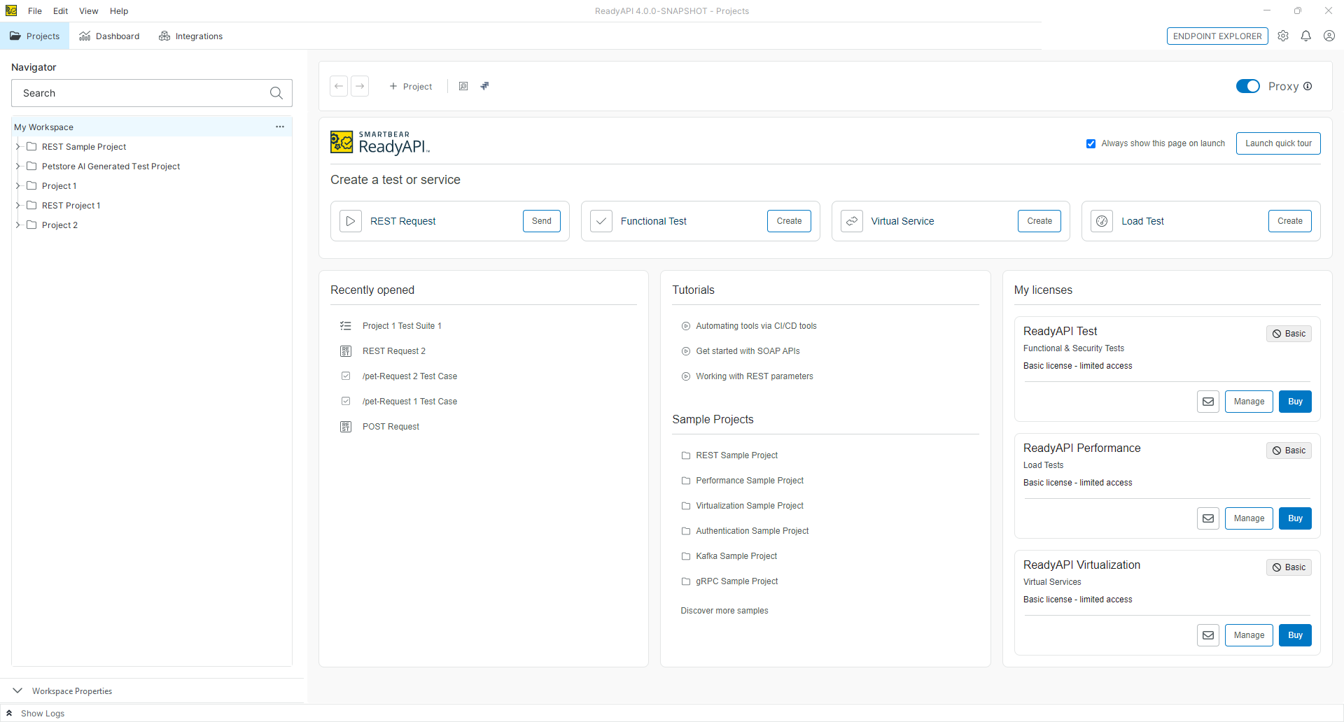 ReadyAPI Starter Page ReadyAPI starter page providing quick access to API testing tools, project navigation, tutorials, and workspace resources.