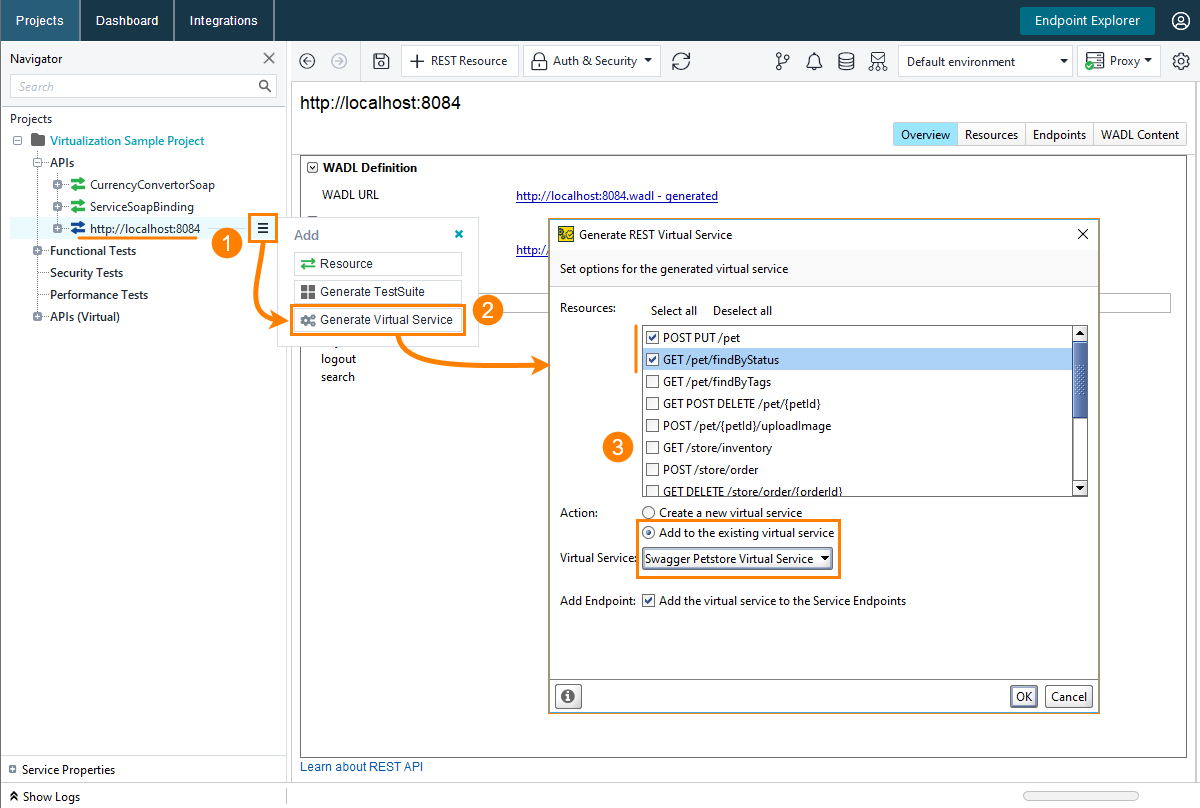 Service virtualization and API testing: Create an operation from service specification